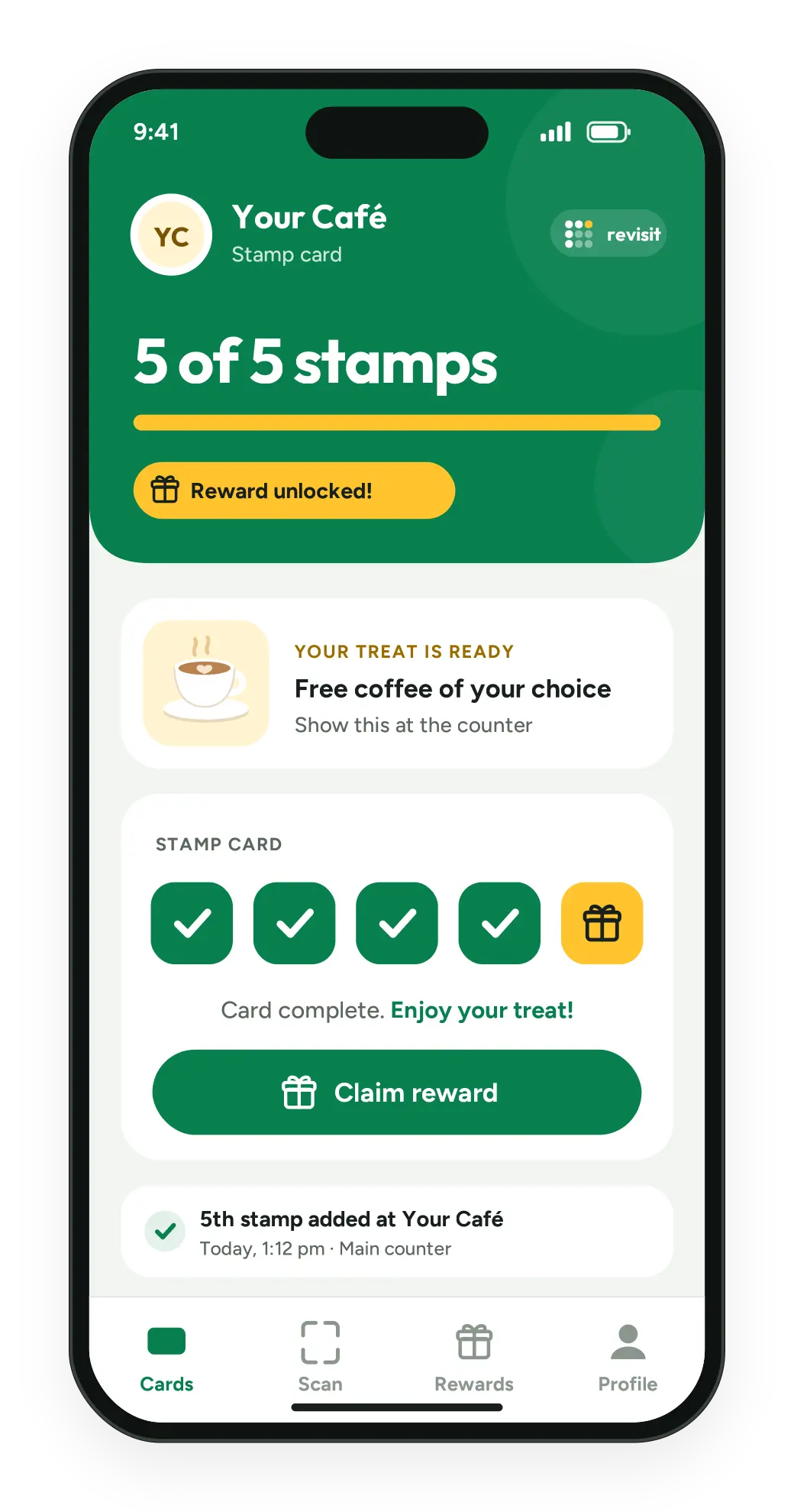 A customer's phone showing a stamp card with a reward ready to claim