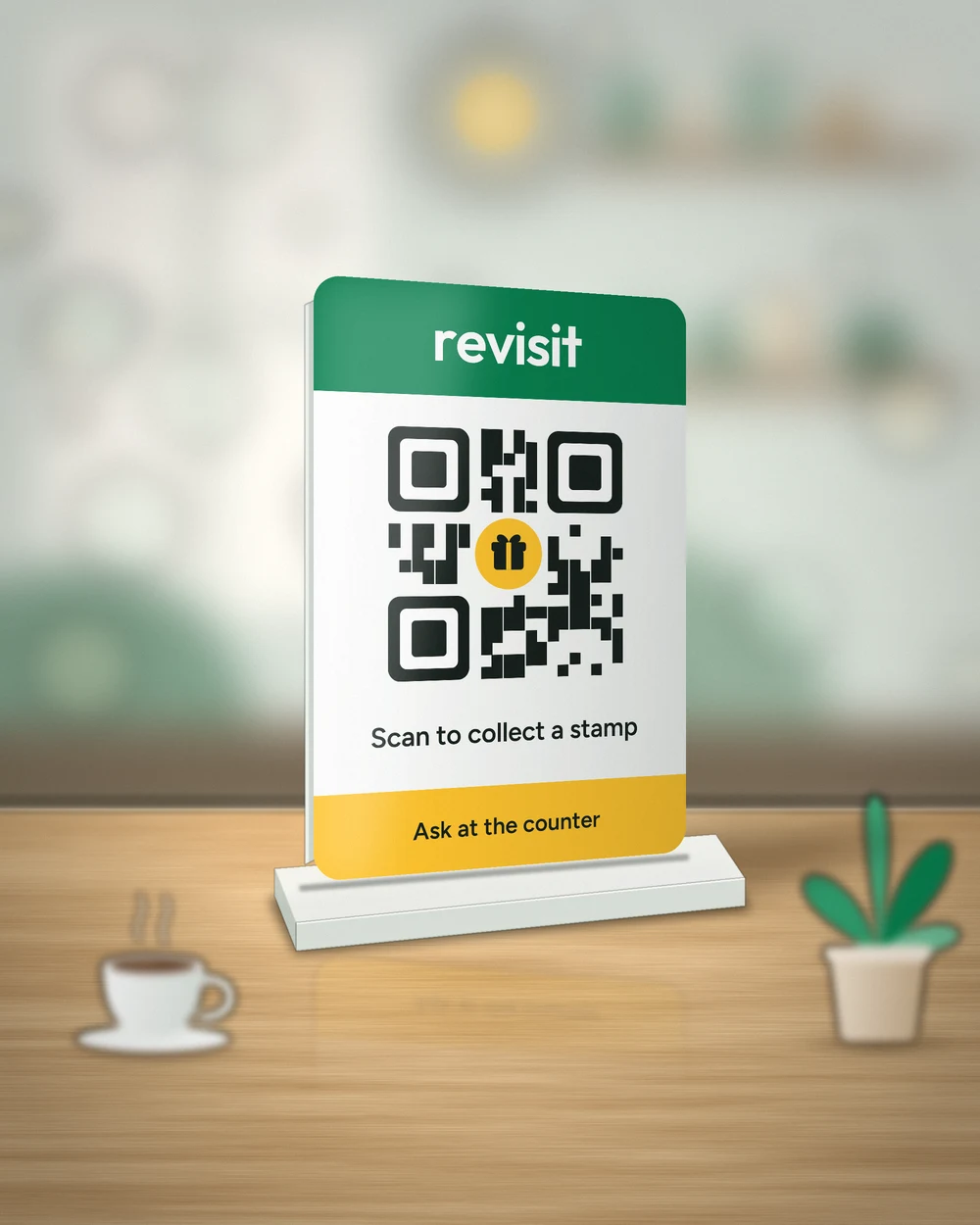 The revisit QR standee on a café counter