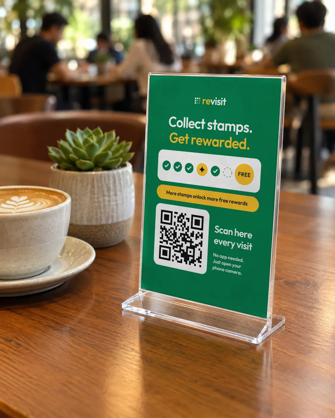 The revisit QR standee on a café counter